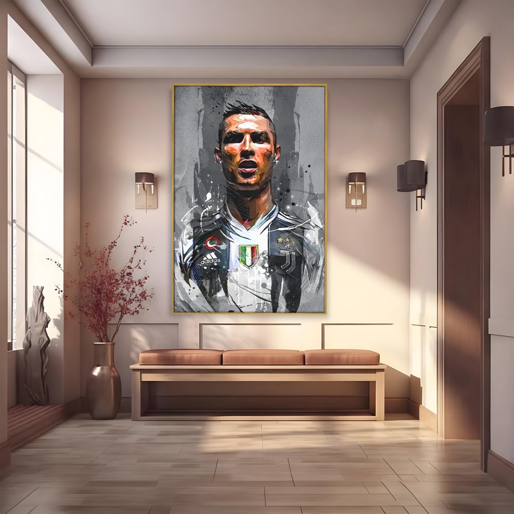 Tablou canvas cu tablou portret cristiano ronaldo juventus, in rama de aluminiu auriu